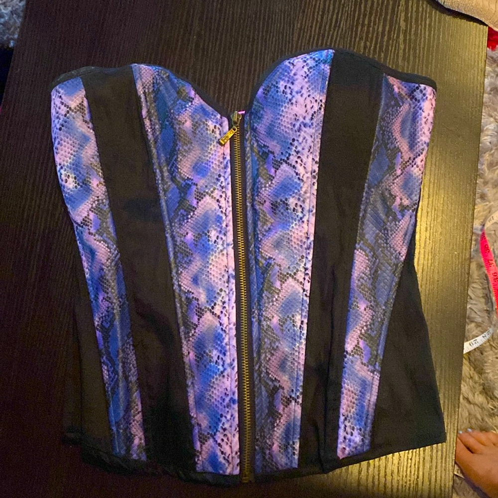 Purple snake skin and black satin zip up bustiers